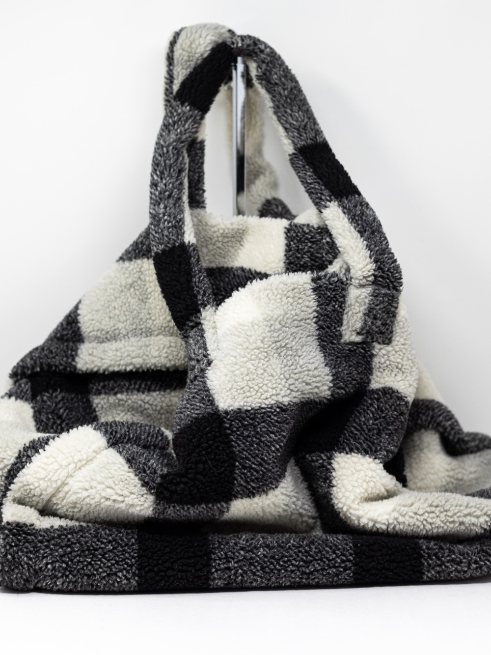 Stand Studio Fuzzy Faux Shearling Fur Black White Gingham Check Tote Bag Purse
